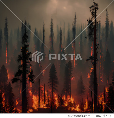 A forest fire with trees and smoke. 108791387