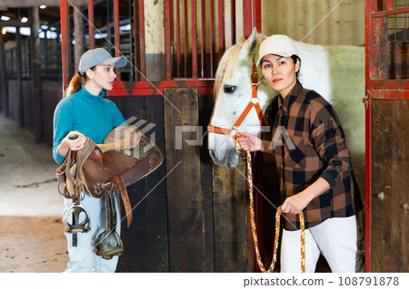 Women ranchers preparing white horse for ride 108791878