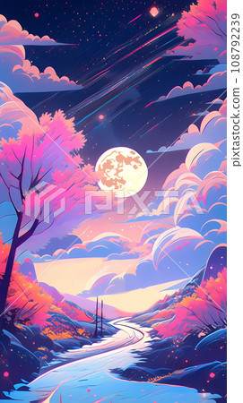 手绘动漫美丽奇幻风景插画背景 108792239