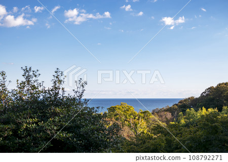 Autumn refreshing sea and forest blue sky autumn image 108792271