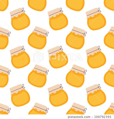 Seamless pattern with honey jar. Vector illustration for honey design, beekeeper branding, background, wrapping paper, fabric textile. Seamless pattern with honey jar. Vector illustration for honey design, beekeeper branding, background, wrapping paper, fabric textile. 108792393