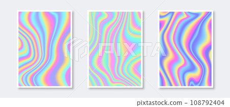 Set of holographic backgrounds. Rainbow wavy gradient wallpaper collection for card, brochure, flyer, poster, banner, booklet. Foil iridescent liquid backdrop bundles. Vector pastel templates pack 108792404