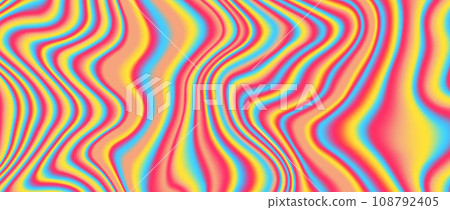 Psychedelic iridescent background. Bright neon holographic wallpaper. Blue red orange yellow wave fluid gradient texture. Vector abstract acid trippy backdrop for banner, poster, cover, overlay, flyer 108792405