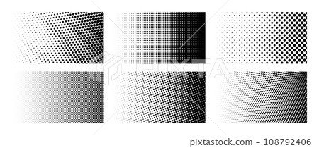 Set of different halftone gradient backgrounds. Cartoon dots texture wallpaper collection. Black and white comic design cover pack for banner, poster, print. Pop art dotted vector illustration bundle 108792406