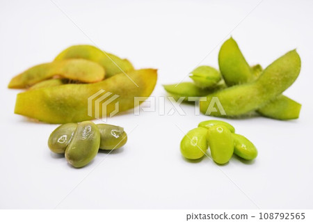 Comparison of the color of brown edamame and green white haired soybean pods boiled in salt on a white background 108792565