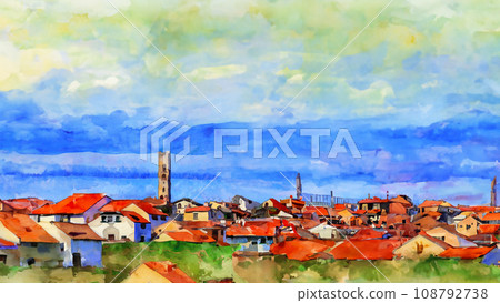 Illustration of a town with a tower 108792738