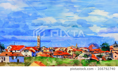 Illustration of a town with a tower Illustration of a town with a tower 108792740
