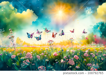盛開的田野與翩翩起舞的蝴蝶的插圖 盛開的田野與翩翩起舞的蝴蝶的插圖 108792765