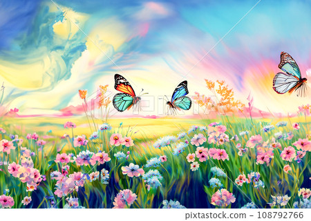 盛開的田野與翩翩起舞的蝴蝶的插圖 108792766