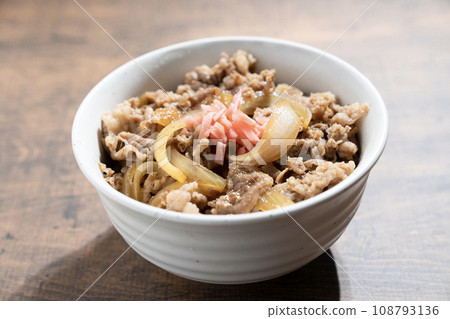 Beef bowl topped with pickled ginger Beef bowl topped with pickled ginger 108793136