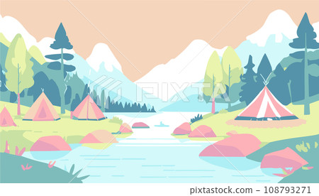 簡單的露營插畫（河邊） 108793271