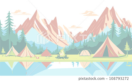 簡單的露營插畫（沿著湖泊） 108793272
