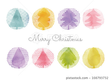 Colorful and stylish Christmas tree Christmas card with watercolor and Japanese pattern Colorful and stylish Christmas tree Christmas card with watercolor and Japanese pattern 108793732
