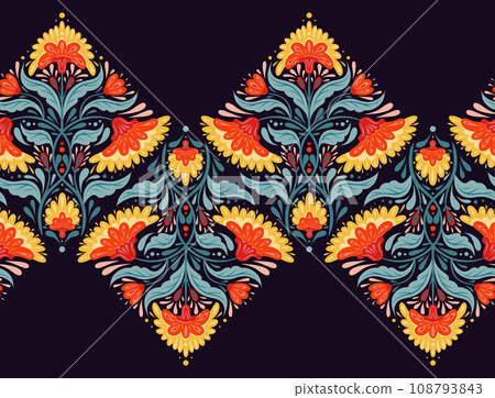 Vector decorative seamless border with floral composition in contrast colors. Colorful horizontal folk art frieze with tracery flowers Vector decorative seamless border with floral composition in contrast colors. Colorful horizontal folk art frieze with tracery flowers 108793843