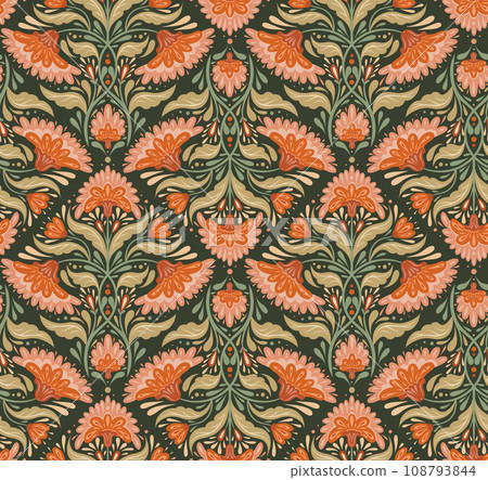 Vector decorative seamless pattern with floral tile composition in row. Folk art texture with symmetrical geometric flowers, stems with foliage Vector decorative seamless pattern with floral tile composition in row. Folk art texture with symmetrical geometric flowers, stems with foliage 108793844