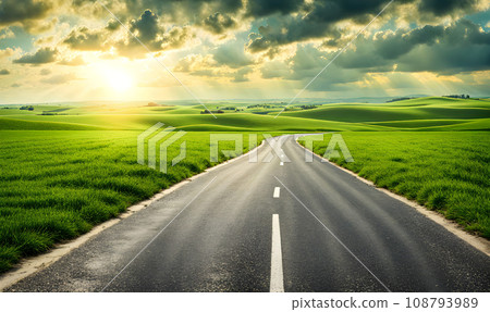 Scenic landscape with lush green field and road 108793989