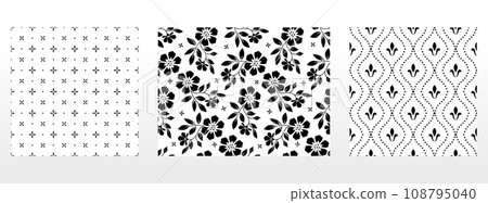 Geometric floral set of seamless patterns. White and black vector backgrounds. Damask graphic ornaments. 108795040