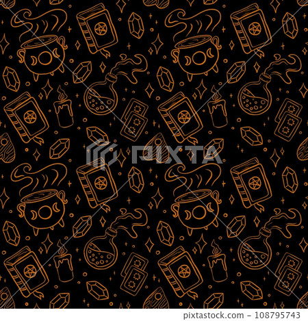 Hand drawn seamless pattern with magical occult elements on black. Sacred mysterious art 108795743