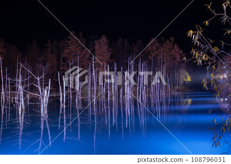 照明的夜晚藍色池塘美瑛町 108796031