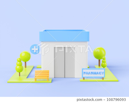 Pharmacy shop facade isometric 3d render. Medical store building exterior with cross signboard, trees and bench. Drugstore house street cartoon background, small medicine business. 3D illustration 108796093