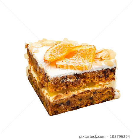 A piece of Carrot cake with orange, lemon, candied fruits and nuts zest, curd cream and orange marmalade isolated on white A piece of Carrot cake with orange, lemon, candied fruits and nuts zest, curd cream and orange marmalade isolated on white 108796294