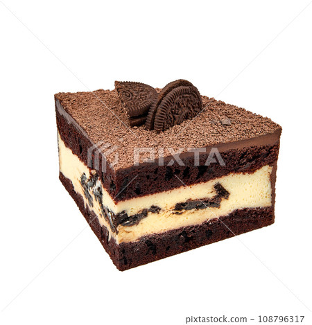 A piece of Cake based on chocolate biscuit, mascarpone cream and cookie pieces isolated on white A piece of Cake based on chocolate biscuit, mascarpone cream and cookie pieces isolated on white 108796317