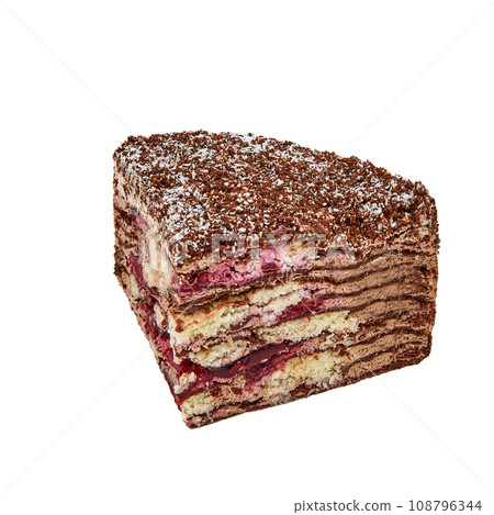 A piece of Cake Napoleon chocolate with crispy puff layers, custard, cherry confit and coconut ganache isolated on white A piece of Cake Napoleon chocolate with crispy puff layers, custard, cherry confit and coconut ganache isolated on white 108796344