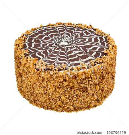Esterhazy cake based on protein cakes with hazelnuts and custard isolated on white Esterhazy cake based on protein cakes with hazelnuts and custard isolated on white 108796359