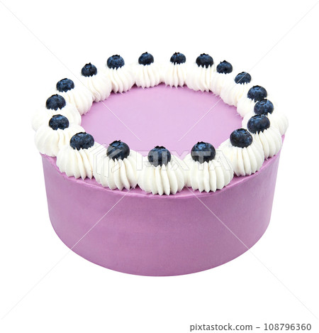 Biscuit cake with lavender seeds, cheese cream with sour cream, blueberry confit isolated on white Biscuit cake with lavender seeds, cheese cream with sour cream, blueberry confit isolated on white 108796360