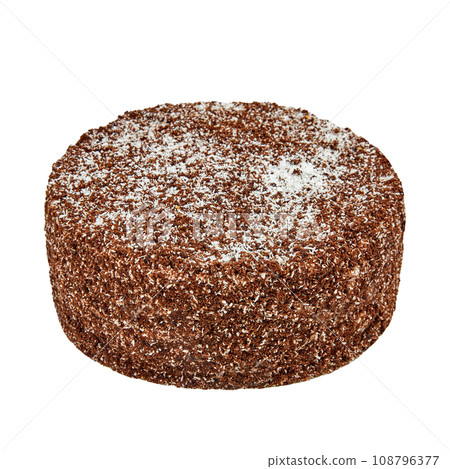 Cake Napoleon chocolate with crispy puff layers, custard, cherry confit and coconut ganache isolated on white 108796377