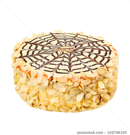 Esterhazy cake based on protein cakes with walnuts, custard and apricot jam isolated on white Esterhazy cake based on protein cakes with walnuts, custard and apricot jam isolated on white 108796395