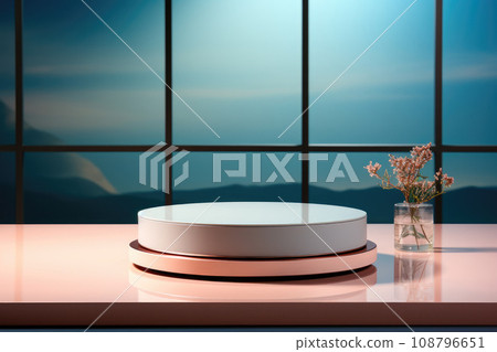 Cylindrical white glossy podium or a stage for displaying goods on the background of a window with a landscape of mountains 108796651