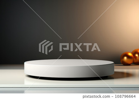 White cylindrical platform for displaying cosmetics in a minimalist style with a branch of a plant in warm colors 108796664