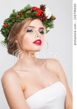 Nice blonde woman portrait. Fashion female model with blond curly hairstyle Nice blonde woman portrait. Fashion female model with blond curly hairstyle 108796684