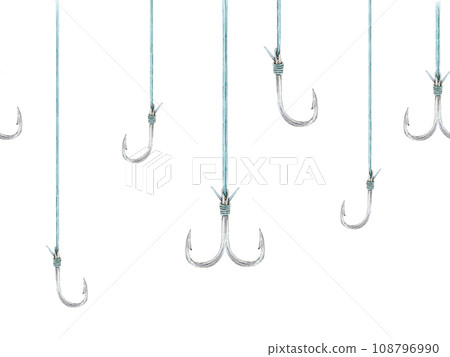Fishhooks on fishing lines seamless border. Watercolor drawing of sharp angling equipment on white background. Angler steel tackle gear painting hand drawn. Outdoor sport 108796990