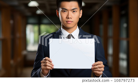 A man wearing a suit holding up a message 108797273