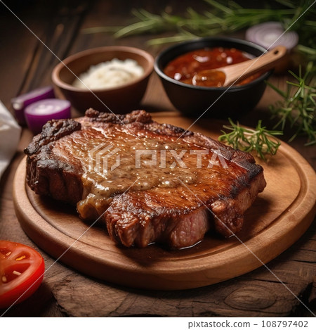 Meat steak on a plate with sauce 108797402