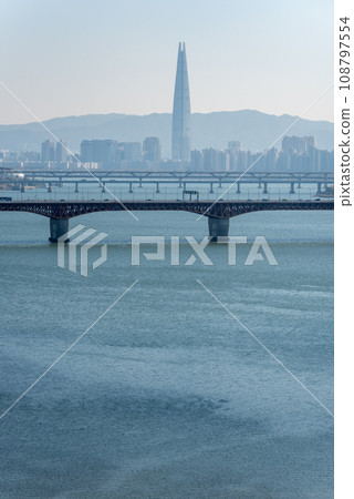 Seoul cityscape with Lotte World Tower skyscraper and Han River in Seoul South Korea Seoul cityscape with Lotte World Tower skyscraper and Han River in Seoul South Korea 108797554