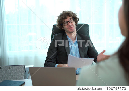 Beautiful good looking Asian young woman having a job interviewing with the senior managing director in meeting room, confident Asian female job applicant candidate have a interview with manager. Beautiful good looking Asian young woman having a job interviewing with the senior managing director in meeting room, confident Asian female job applicant candidate have a interview with manager. 108797570