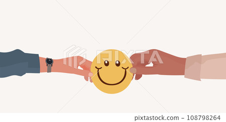 Positive customer service rating concept. Satisfaction quality and service. Hand giving another hand a smiley face. Happy and satisfied metaphor. Positive vote and opinion. To evaluate Positive customer service rating concept. Satisfaction quality and service. Hand giving another hand a smiley face. Happy and satisfied metaphor. Positive vote and opinion. To evaluate 108798264