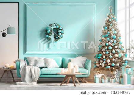 Christmas and New Year interior living room concept, home style with in light blue tones. 108798752