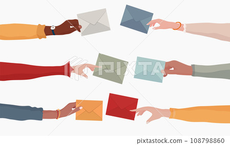 Arms and hands of multiethnic people holding an email as a concept of electronic mail information and sharing online. Send and receive messages. Colleagues or co-workers or friends. Team 108798860