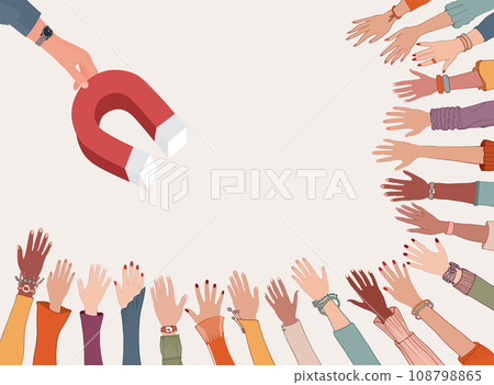 Professional influencer or leader concept. Ability to persuade and motivate. Leadership. Training. Hand holding a magnet which attracts many hands diverse people. Followers 108798865
