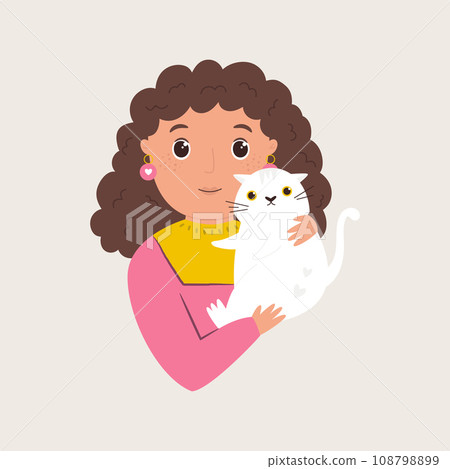 Vector illustration of young girl embracing funny cat 108798899