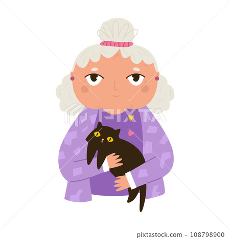 Vector illustration of retired, senior woman embracing black cat Vector illustration of retired, senior woman embracing black cat 108798900