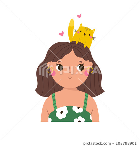 Vector illustration of young girl with a cat sitting on a head Vector illustration of young girl with a cat sitting on a head 108798901