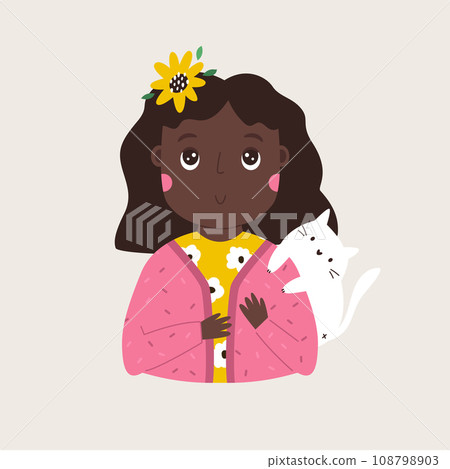 Vector illustration of young girl with a cat sitting on a shoulder. Vector illustration of young girl with a cat sitting on a shoulder. 108798903