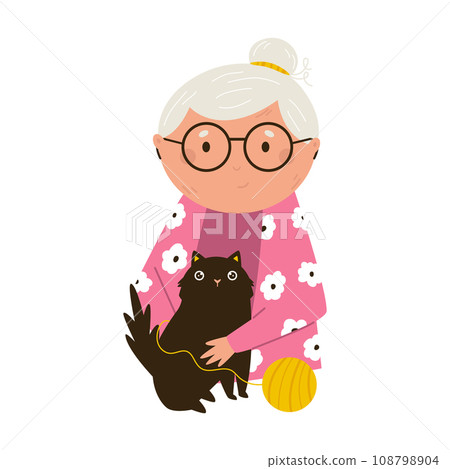 Vector illustration of retired, senior woman with knitting embracing black cat 108798904