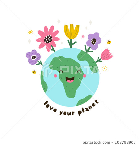 Vector illustration of a happy smiling globe, cute planet Earth and colorful flowers. Vector illustration of a happy smiling globe, cute planet Earth and colorful flowers. 108798905