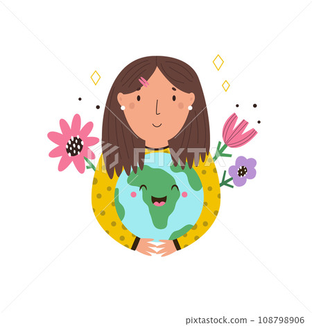 Vector illustration of a girl holding, embracing planet Earth, globe Vector illustration of a girl holding, embracing planet Earth, globe 108798906